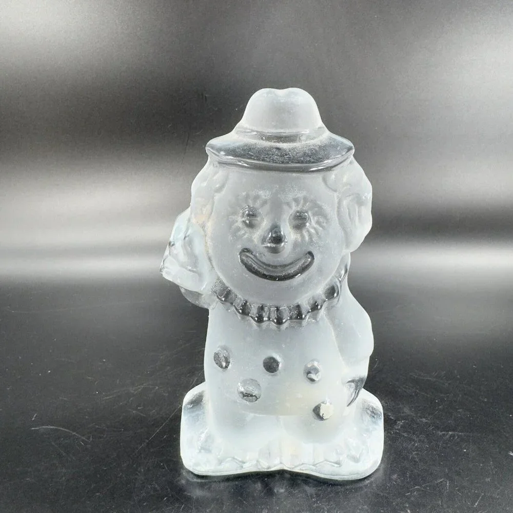 Vintage Viking Glass Clown‎ Figurine Paperweight Frosted Clear Heavy Crystal Vtg